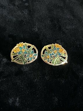 Vintage 1980s Cloisonné Enamel Floral Oval Post Earrings lily botanical